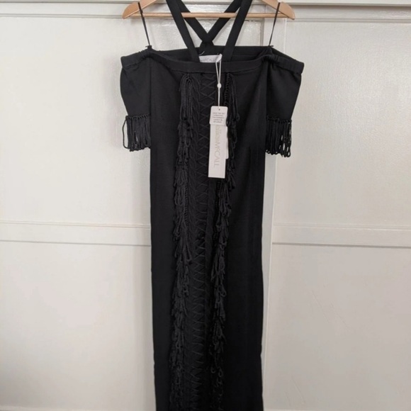 NWT ALICE MCCALL Black Fringe Cold Shoulder Sovereign Midi Dress Size 0 - Picture 7 of 13